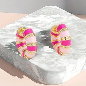 Pink Enamel Huggie Earrnings Medium Hoop #1344